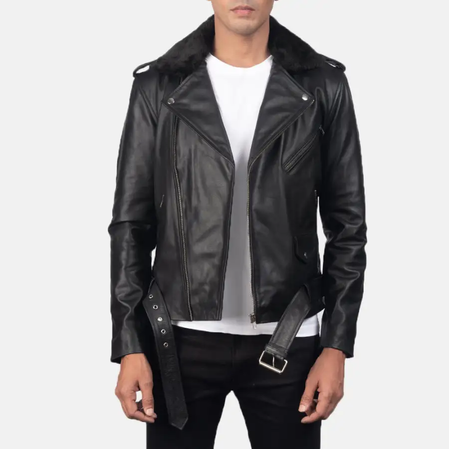 Men's Classic Biker Leather Fur Trim Jacket