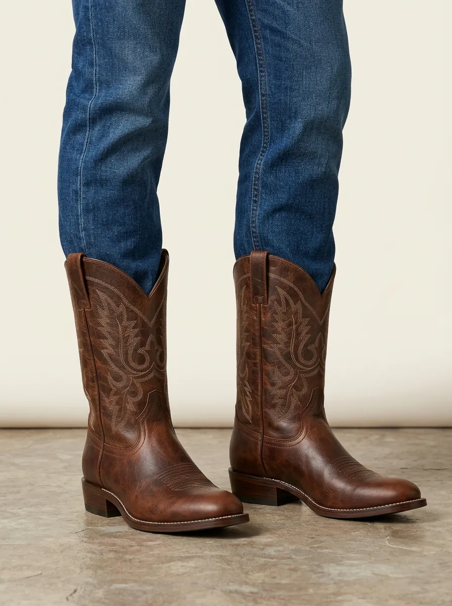 Men's Western Cowboy Brown Embroidered Stitched Leather Boots