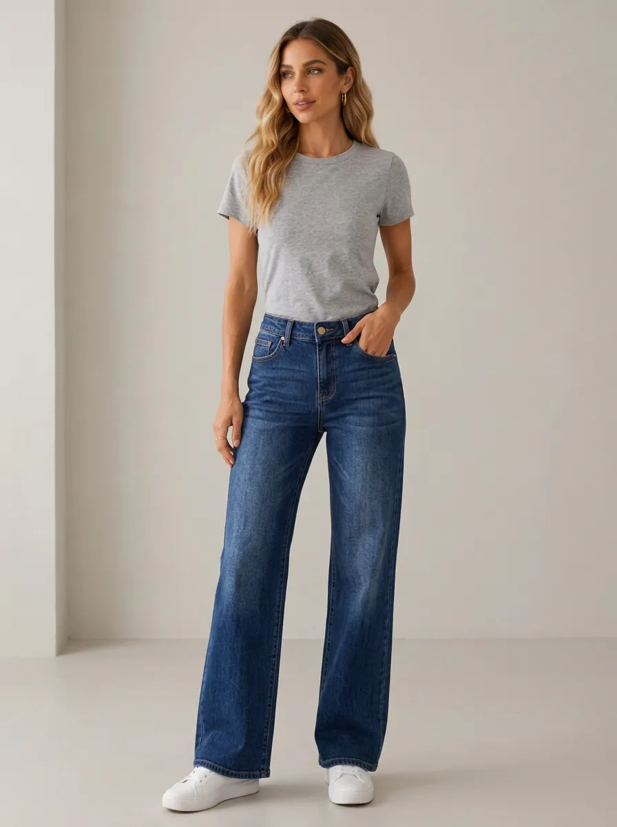 Women's Casual Daily Wear High Waisted Wide Leg Denim Jeans