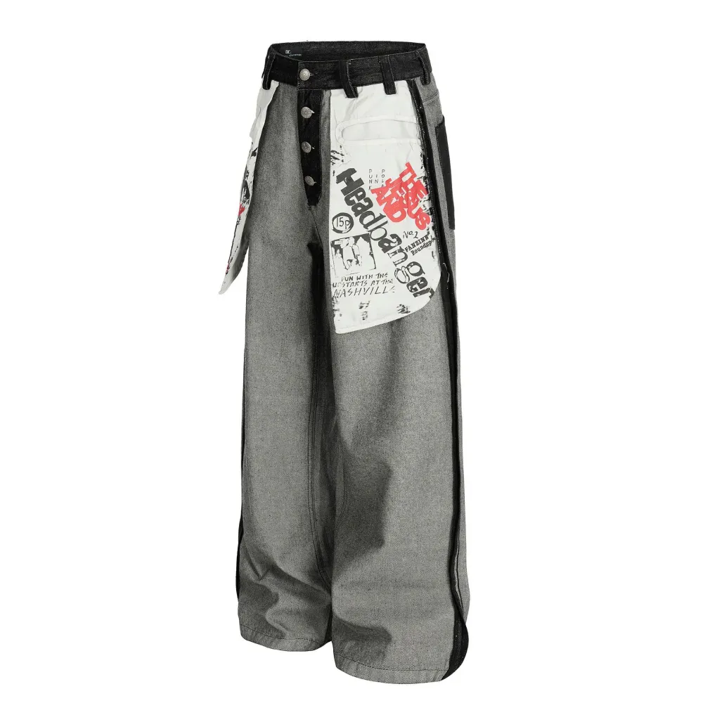 Vintage Patchwork Wide-Leg Denim Jeans
