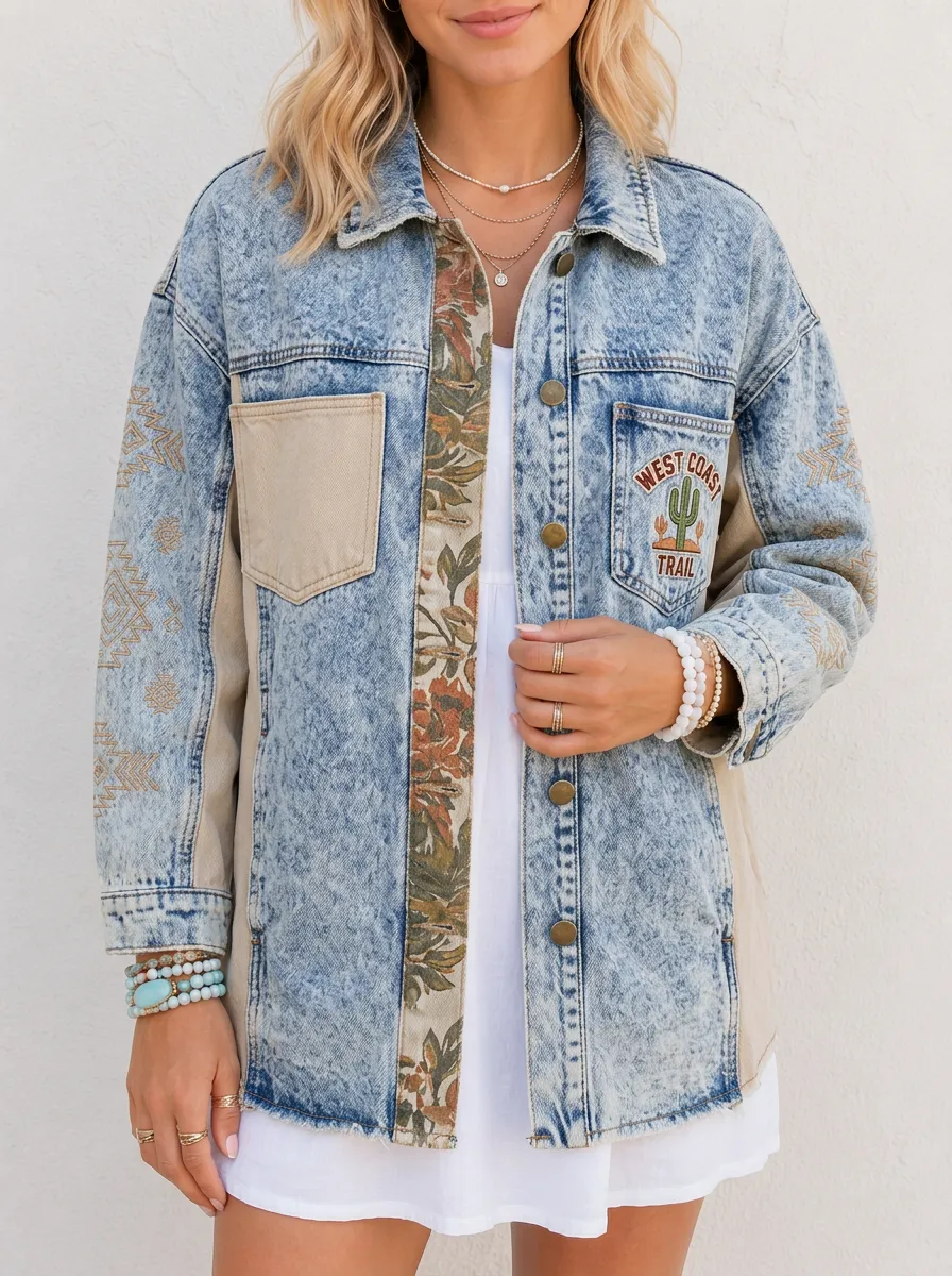 Women's West Coast Trail Cactus Floral Printed Denim Jacket