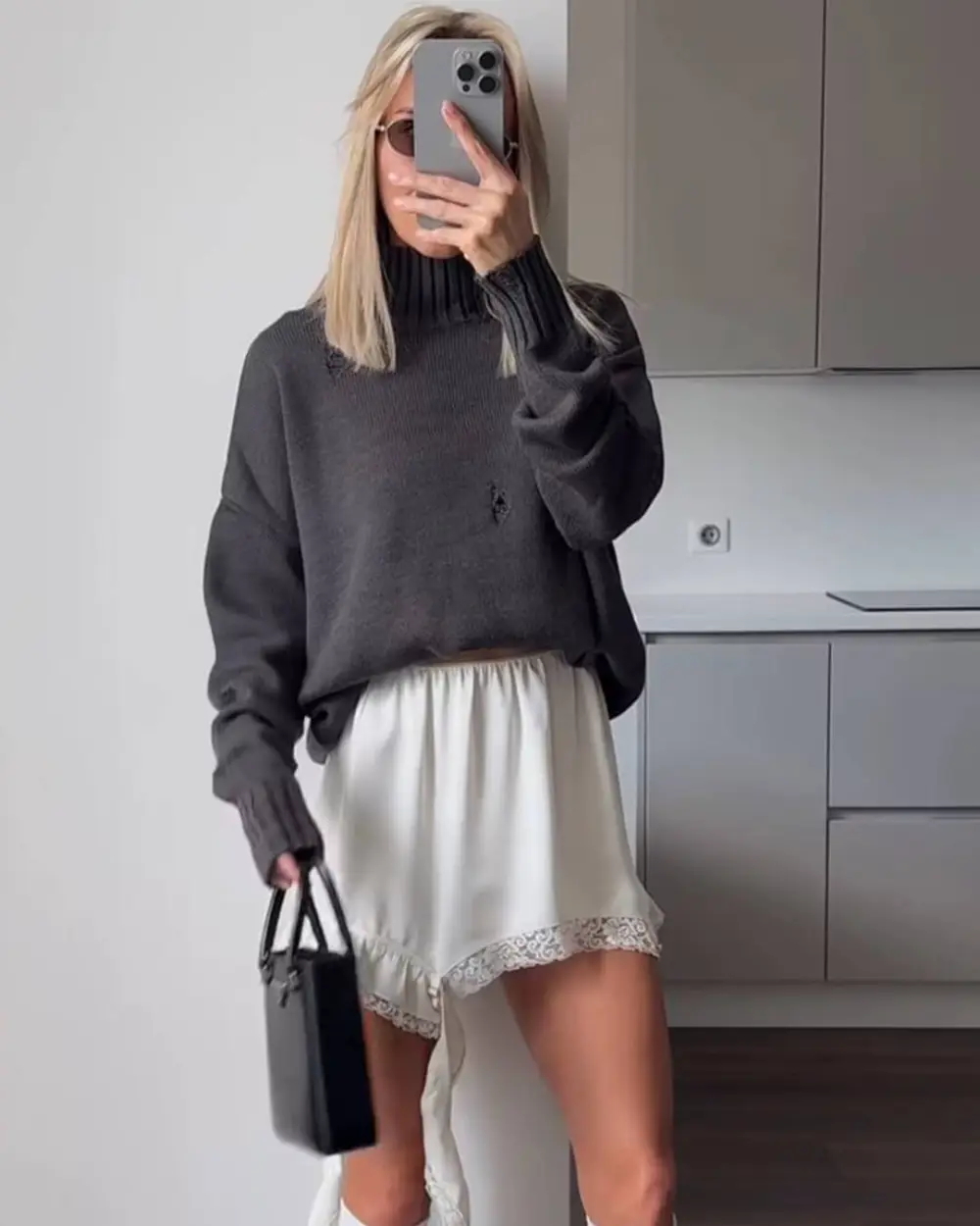 Comfort Fit Lace Satin High Waist Skirt