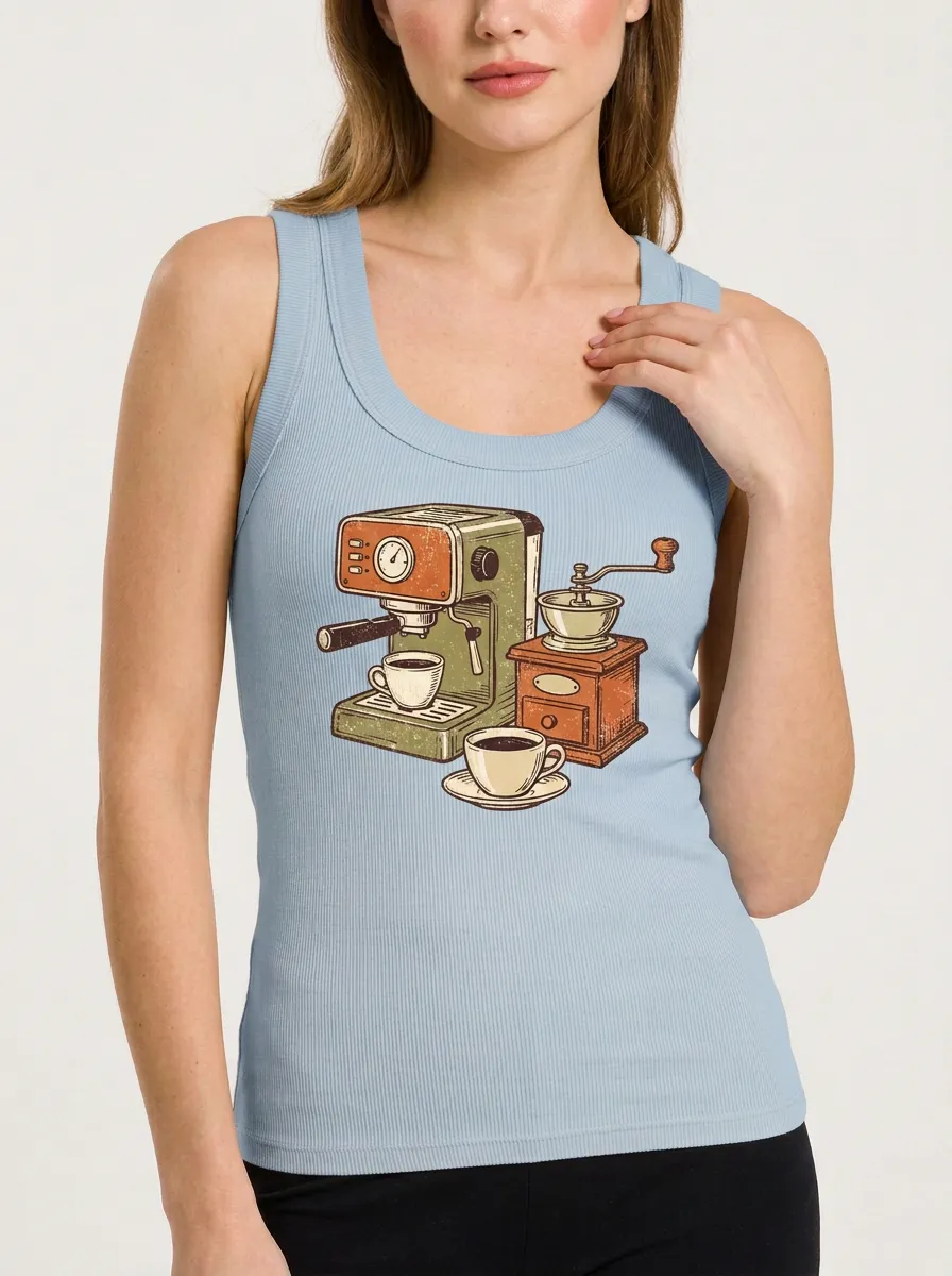 Women's Coffee Lover Espresso Machine Grinder Printed Tank Top