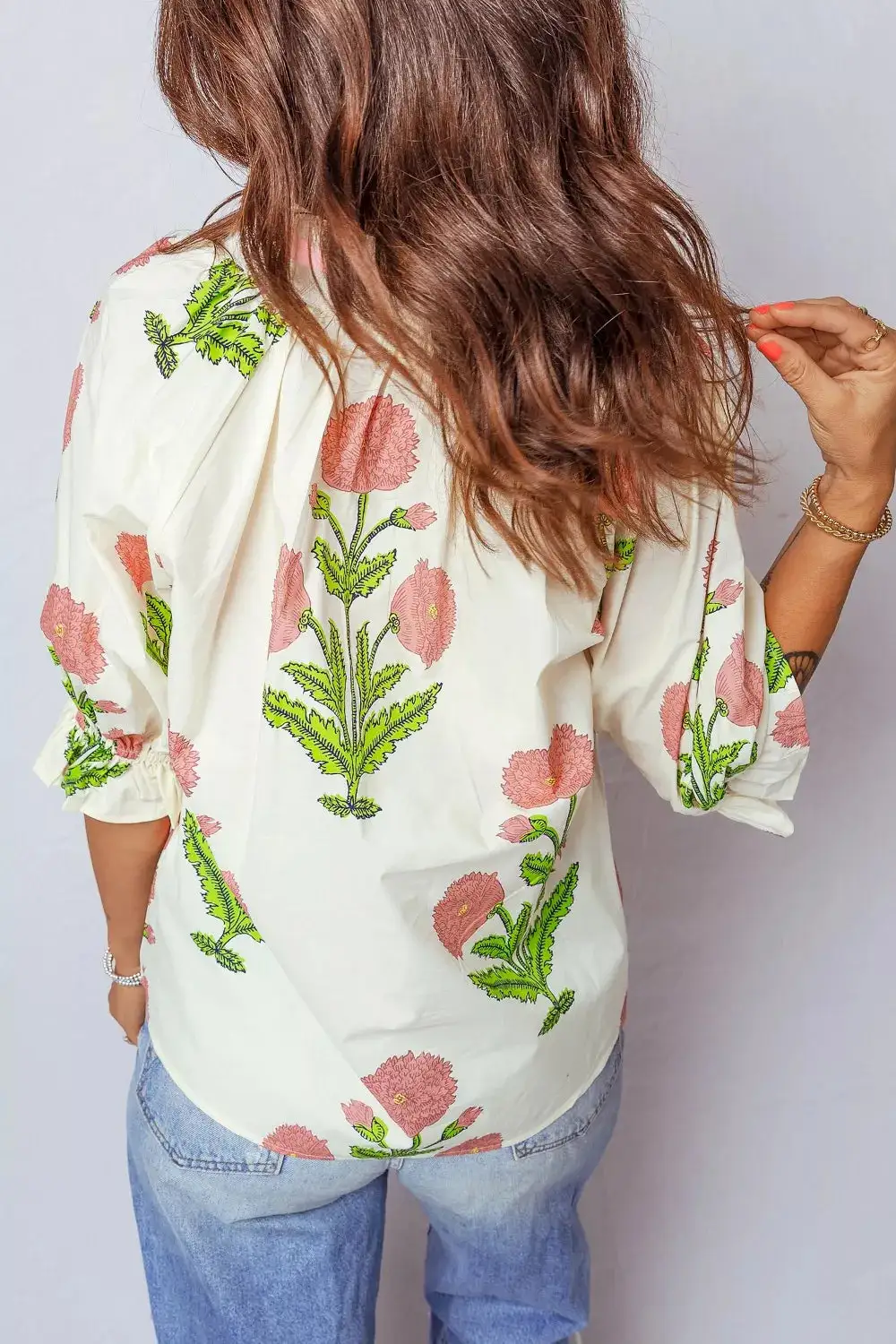 Floral Print Notched Ruffled Sleeve Blouse