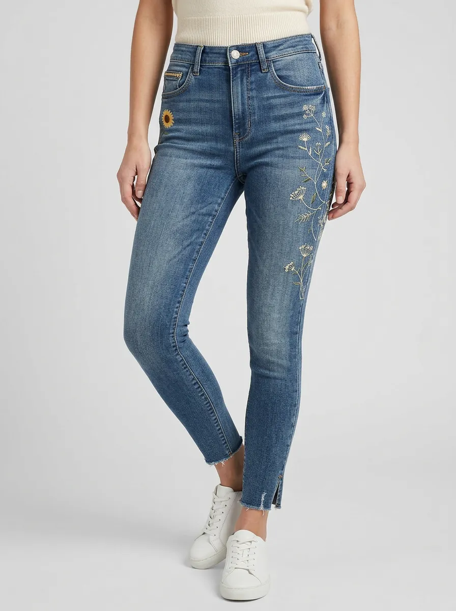 Women's Floral Sunflower Wildflower Embroidered Slim Jeans