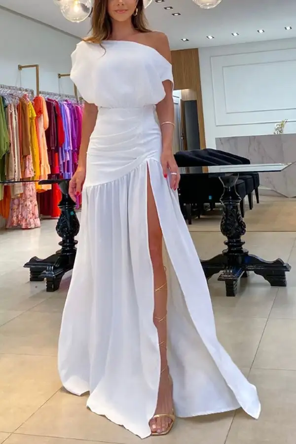 Elegant Ruched One Shoulder Top And Slit Maxi Skirt Set