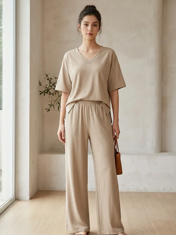 Ribbed Women's V-Neck Casual Lounge Set