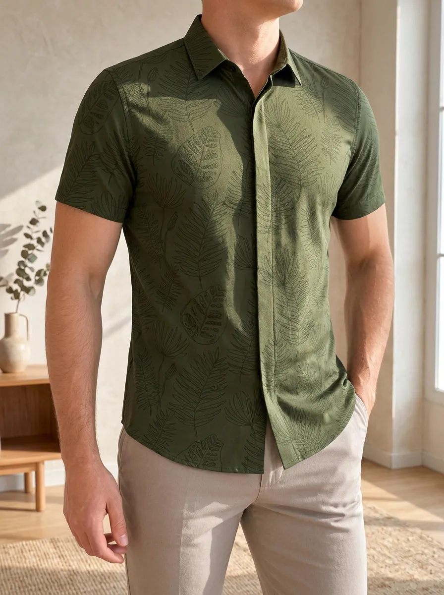 Men's Tropical Leaf Olive Green Printed Slim Fit Shirt