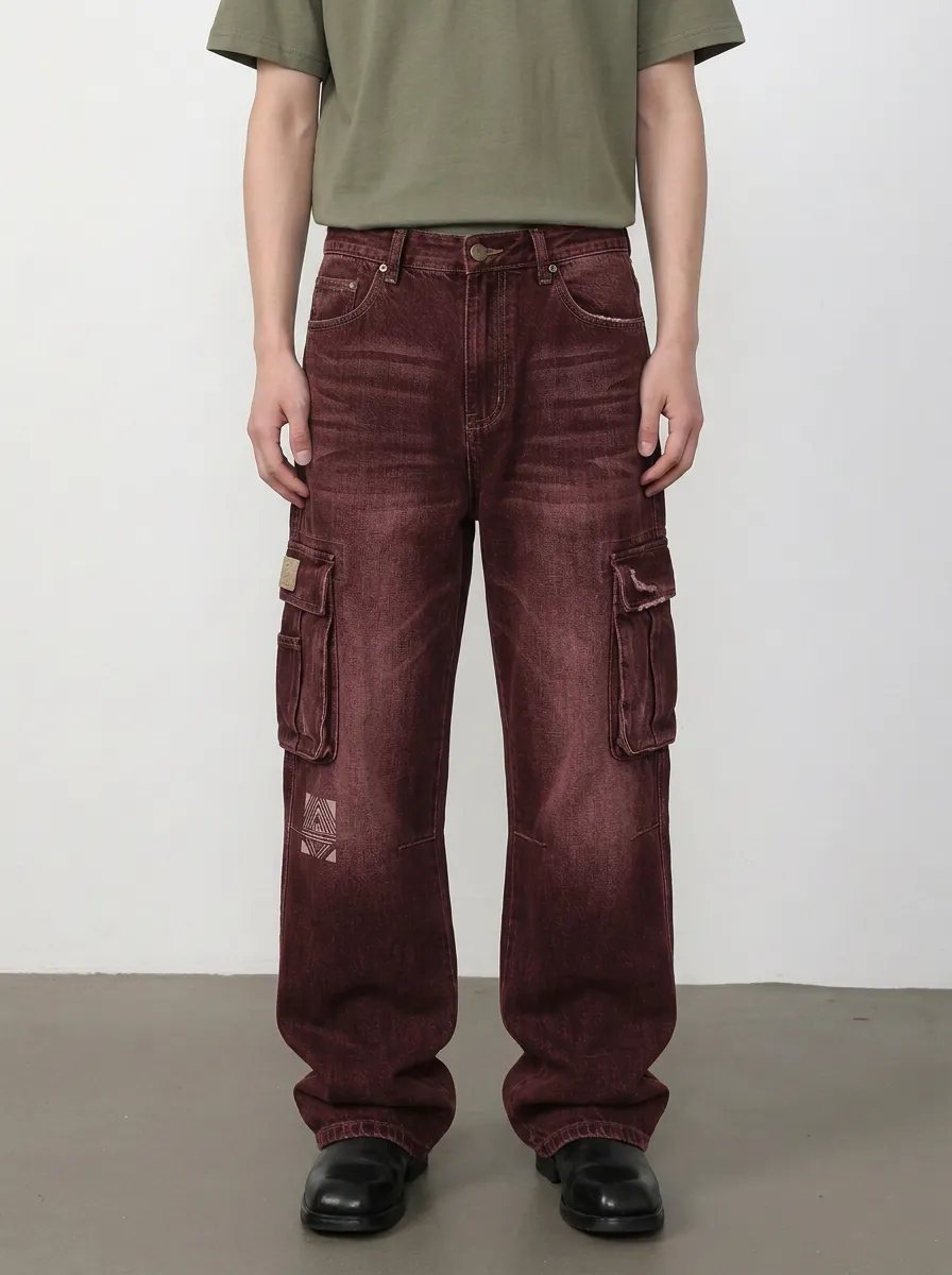 Men's Streetwear Geometric Print Washed Black Cargo Pants
