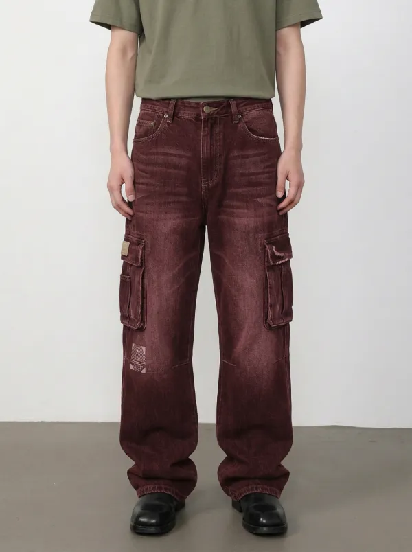 Men's Streetwear Geometric Print Washed Black Cargo Pants
