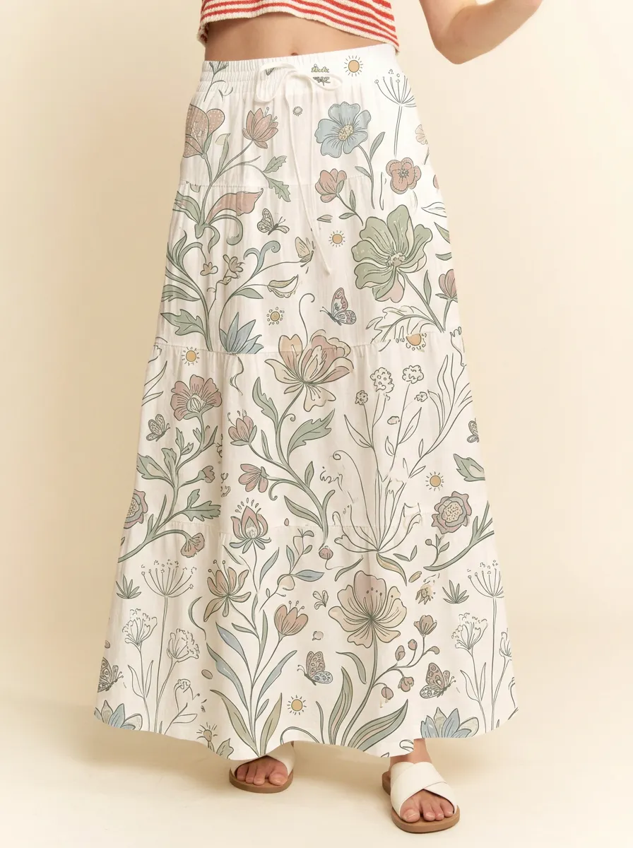 Women's Boho Floral Butterfly Botanical Printed Maxi Skirt