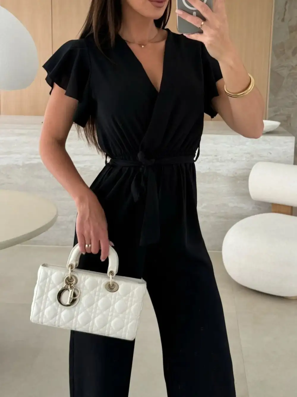Surplice Wide Leg Belted Jumpsuit Pants