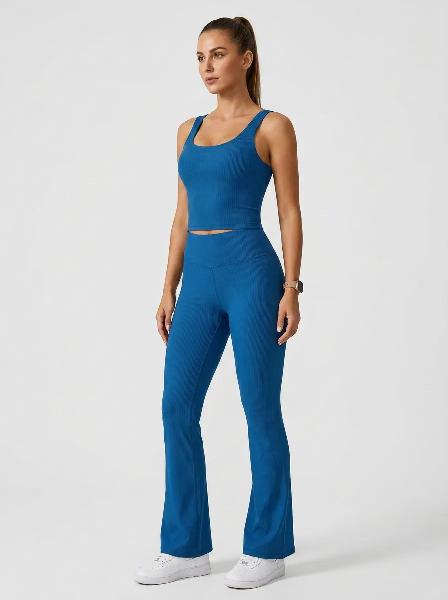 Women's Classic Ribbed Yoga Inspired Fitness Inspired Tank Top and Flare Pants Active Set