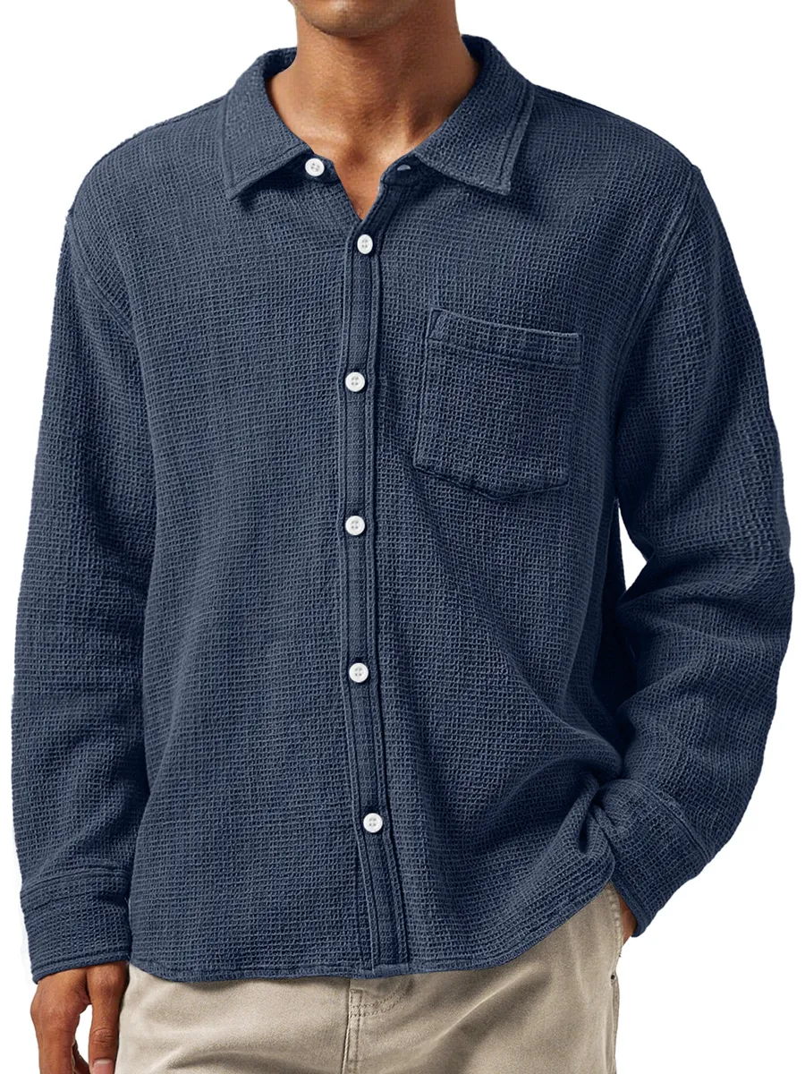 Layered Textured Knit Camp Collar Shirt