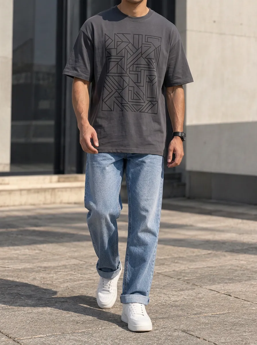 Men's Everyday Geometric Pattern Printed T-Shirt and Denim Jeans Set