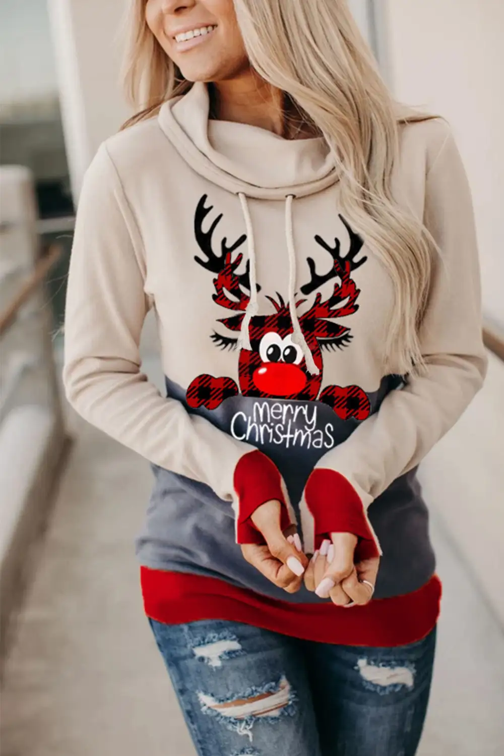 Elk Print Thumb Hole Hoodie