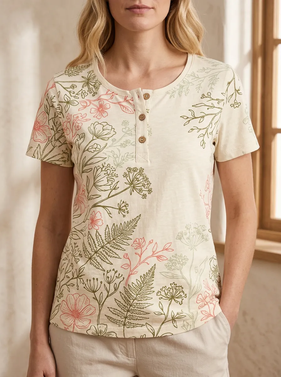 Women's Classic Botanical Floral Nature Lover Henley T-Shirt