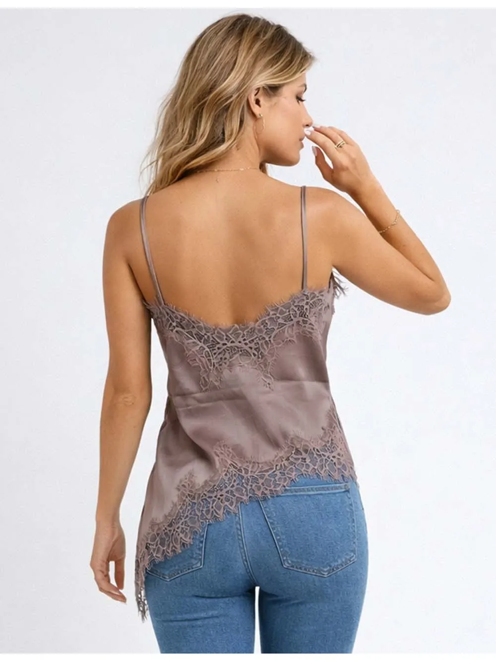Satin Lace Trim V Neck Irregular Hem Cami Top