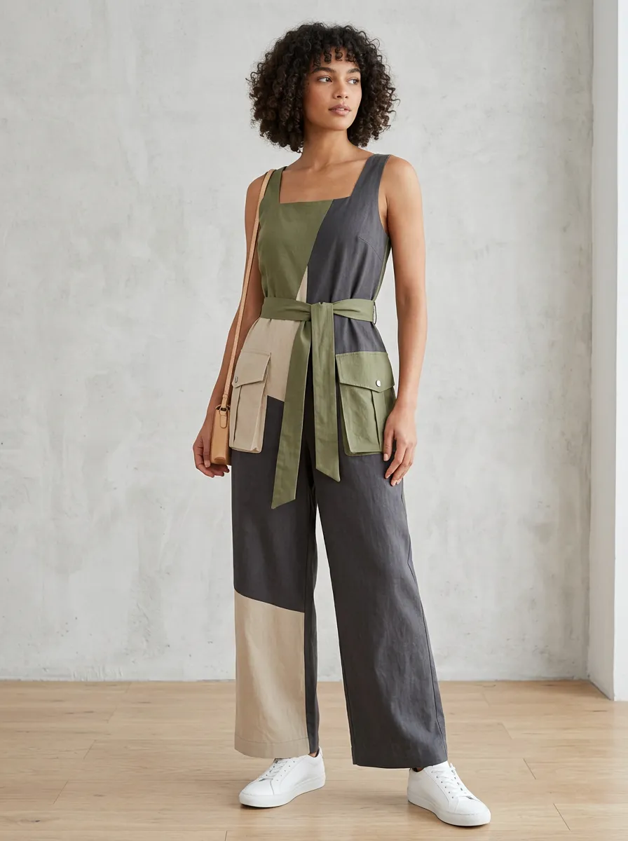 Women's Marin Colorblock Cargo Pocket Belted Jumpsuit