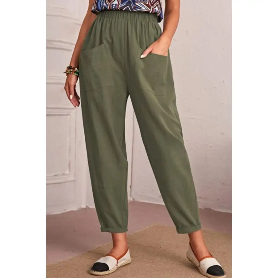 Elastic Waist Pocket Tapered Pants