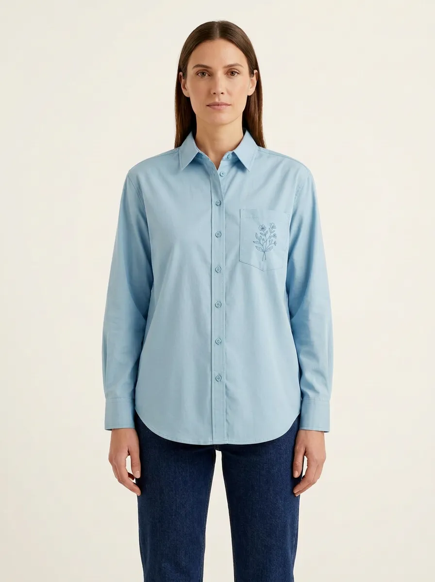 Women's Floral-Embroidered Single-Pocket Point-Collar Shirt