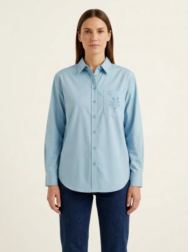 Women's Floral-Embroidered Single-Pocket Point-Collar Shirt