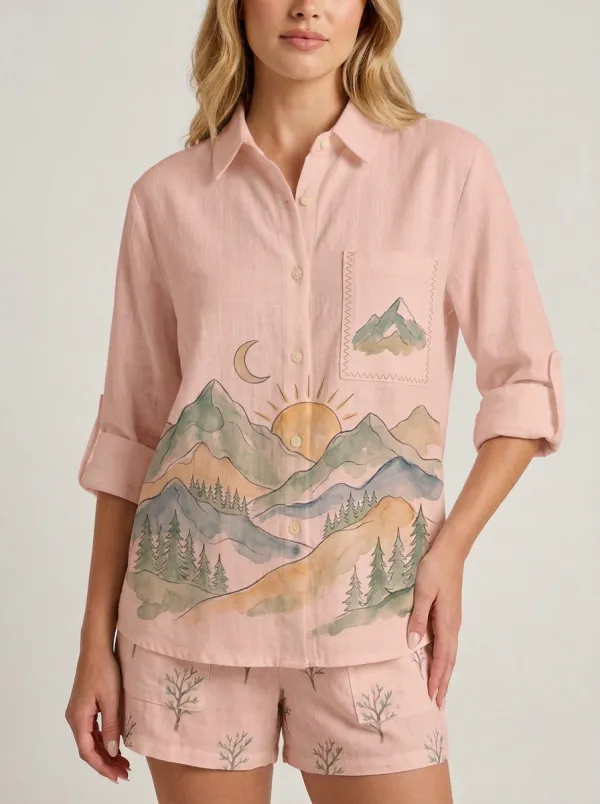 Women's Nature Mountain Sun Moon Graphic Button-up Shirt Tank Top