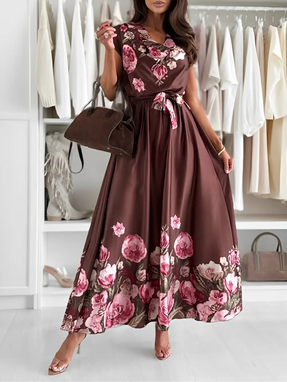 Floral Cowl-Neck Cap-Sleeve Maxi Dress