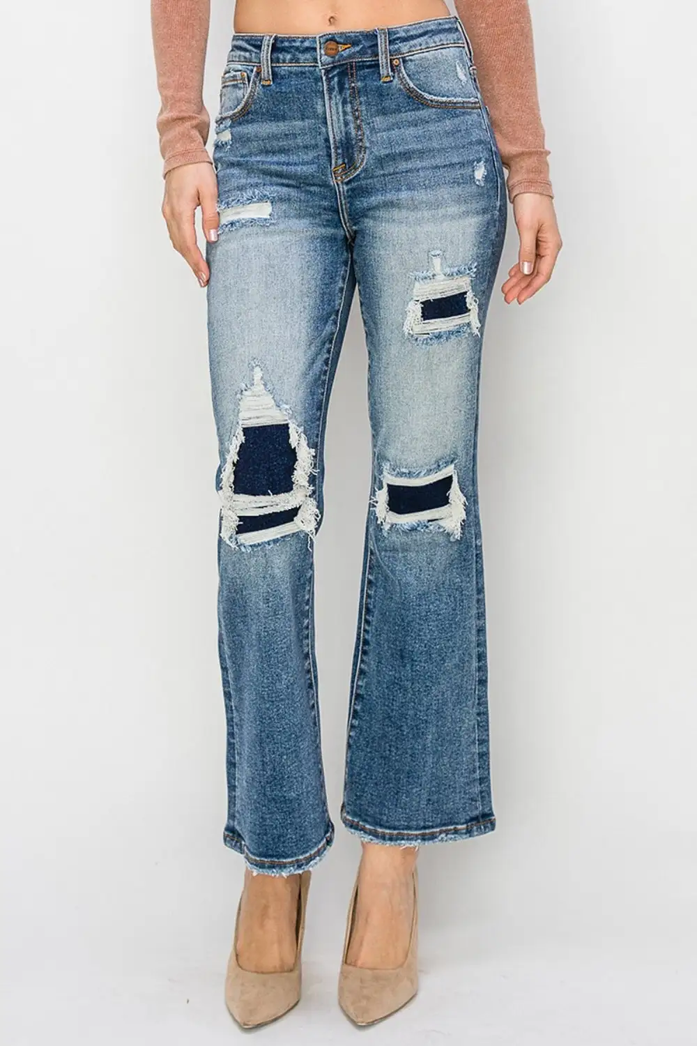 High Rise Distressed Ankle Flared Denim Jeans