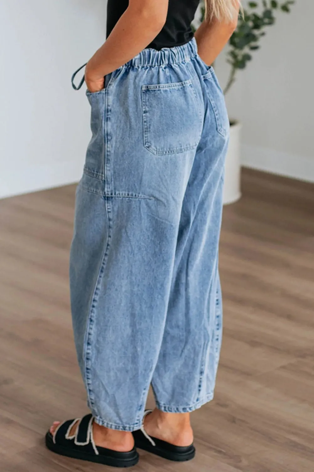 Paperbag Waist Drawstring Barrel Leg Patch Pocket Casual Jeans