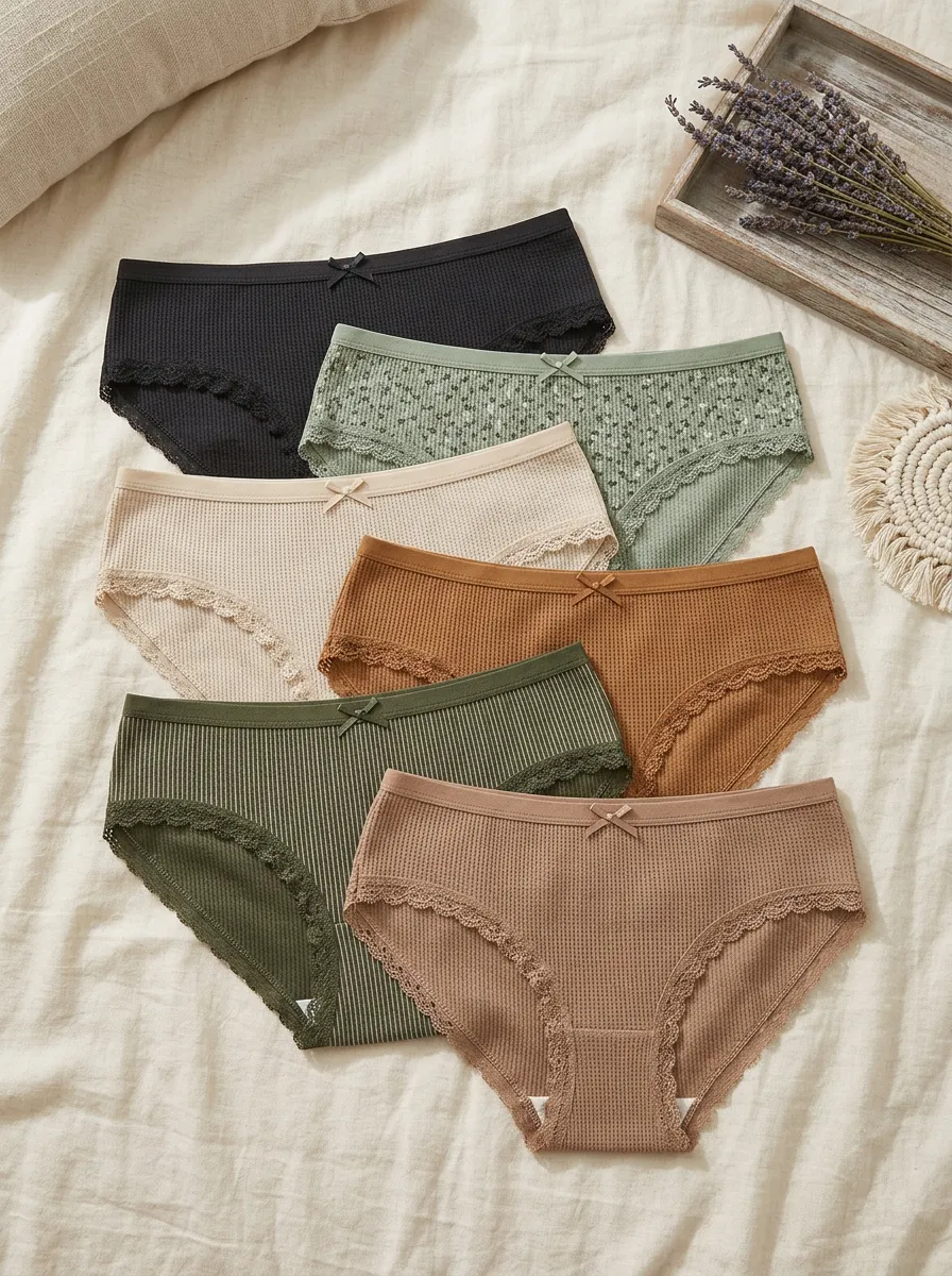 Women's Waffle Knit Lace Trim Floral Printed 6-Pack Panties
