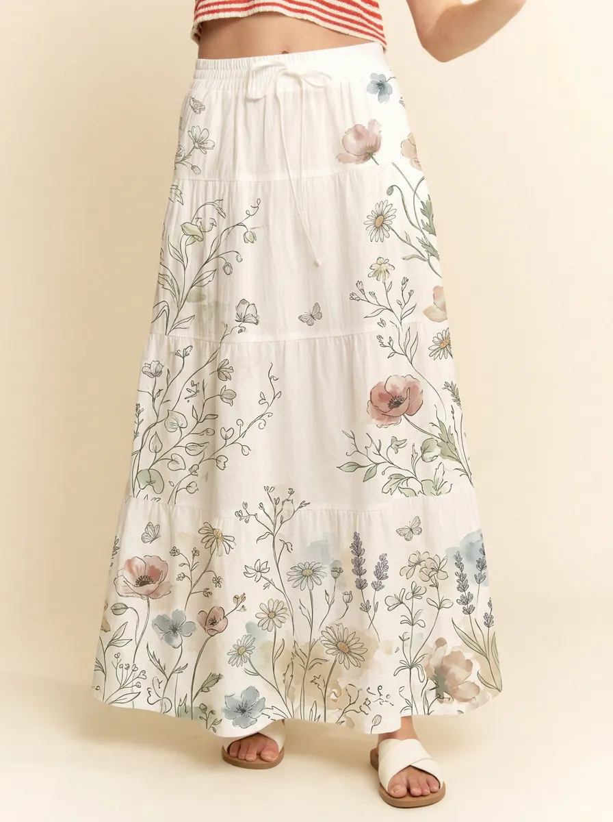 Women's Boho Floral Meadow Wildflower Printed Maxi Skirt