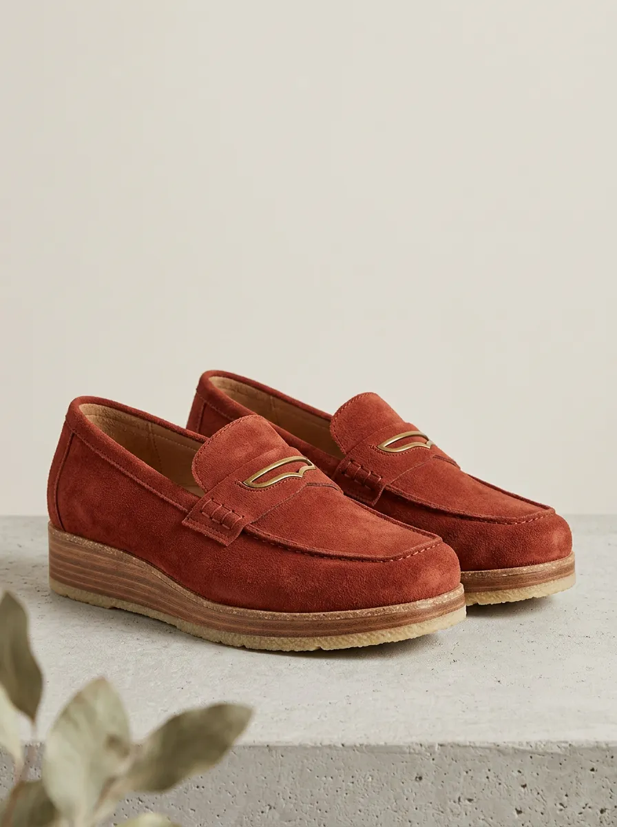 Women's Metal Detail Platform Casual Suede Wood Sole Loafers
