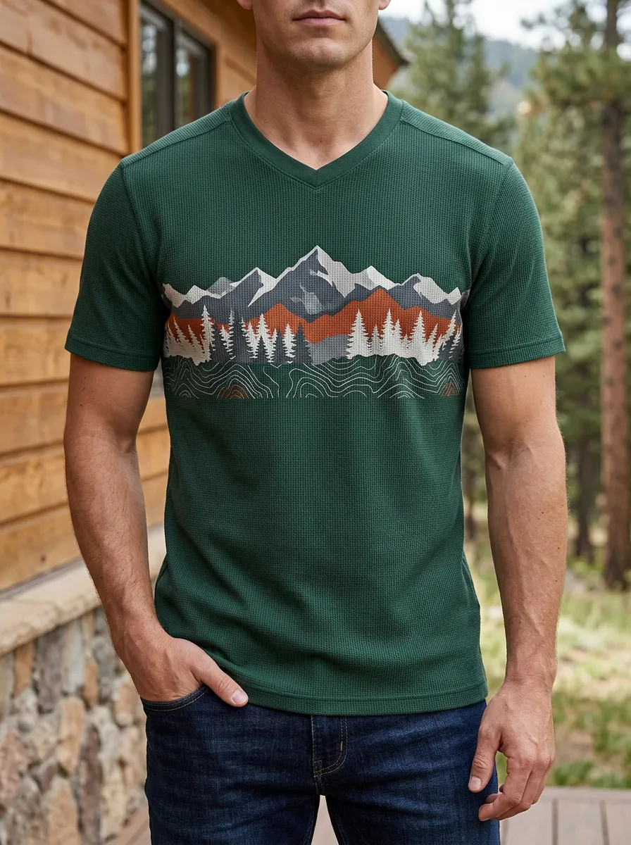 Men's Nature Outdoor Lover Mountain Forest Printed V-Neck T-Shirt