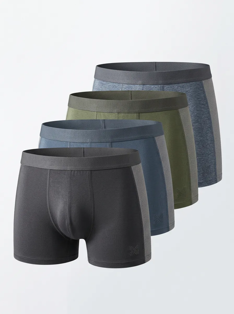 Men's Boxer Briefs Four-Pack with Mesh Breathable-Look Textured Cotton