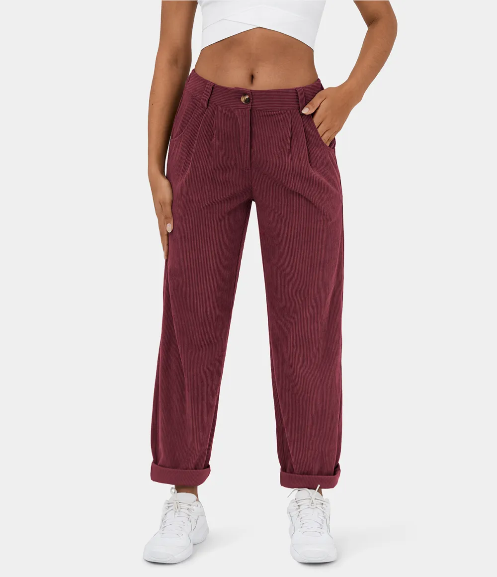 Mid Rise Button Zipper Side Pocket Corduroy Casual Pants