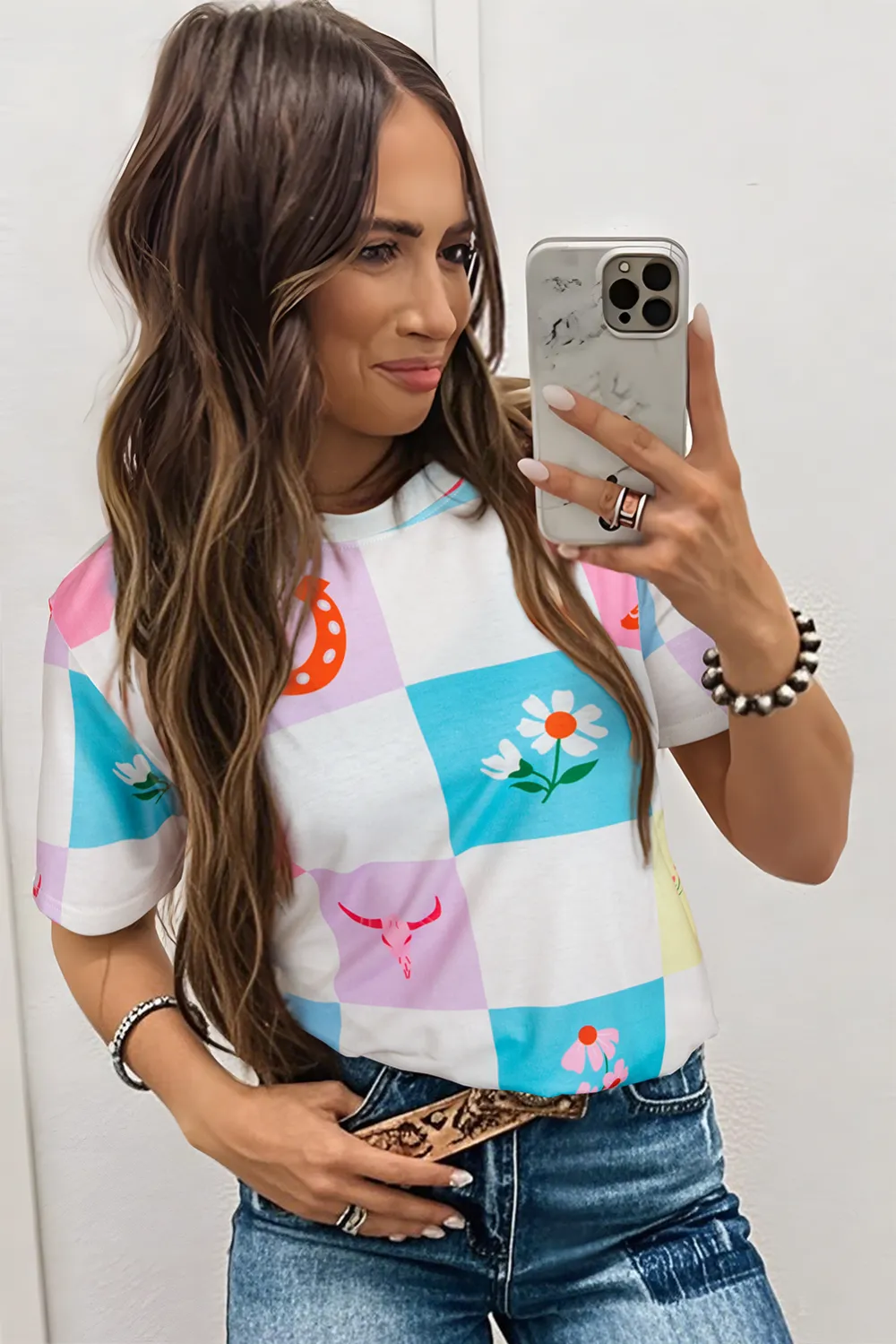 Sky Blue Checker Print Tee