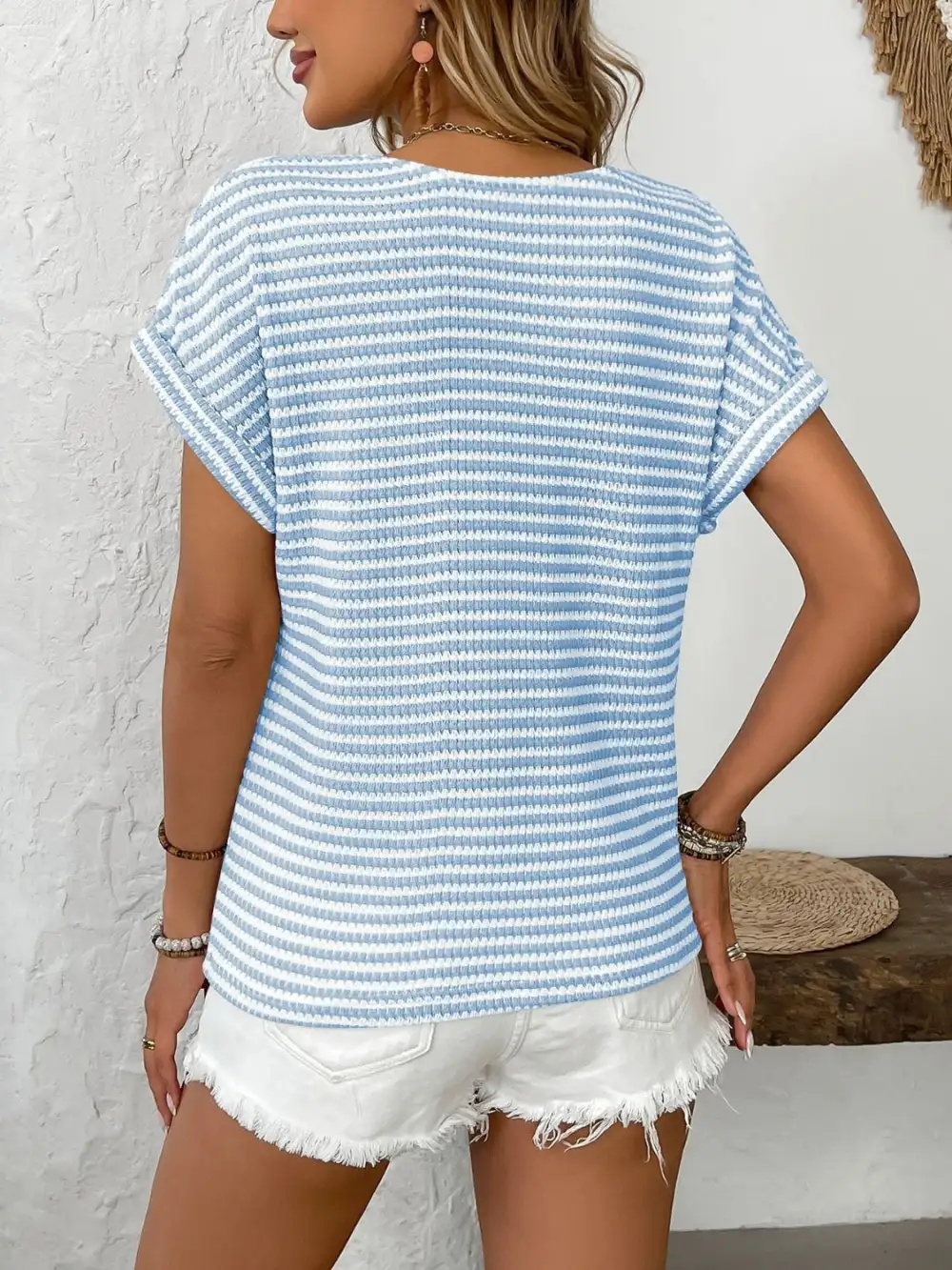 V-Neck Short-Sleeve Button-Detail Striped T-Shirt