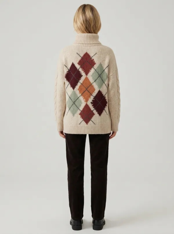 Women's Vintage Argyle Pattern Knitted Turtleneck Sweater