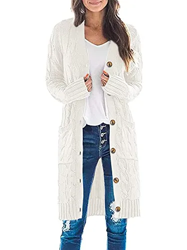 Womens Long Sleeve Cable Knit Long Cardigan Open Front Button Sweater Outerwear