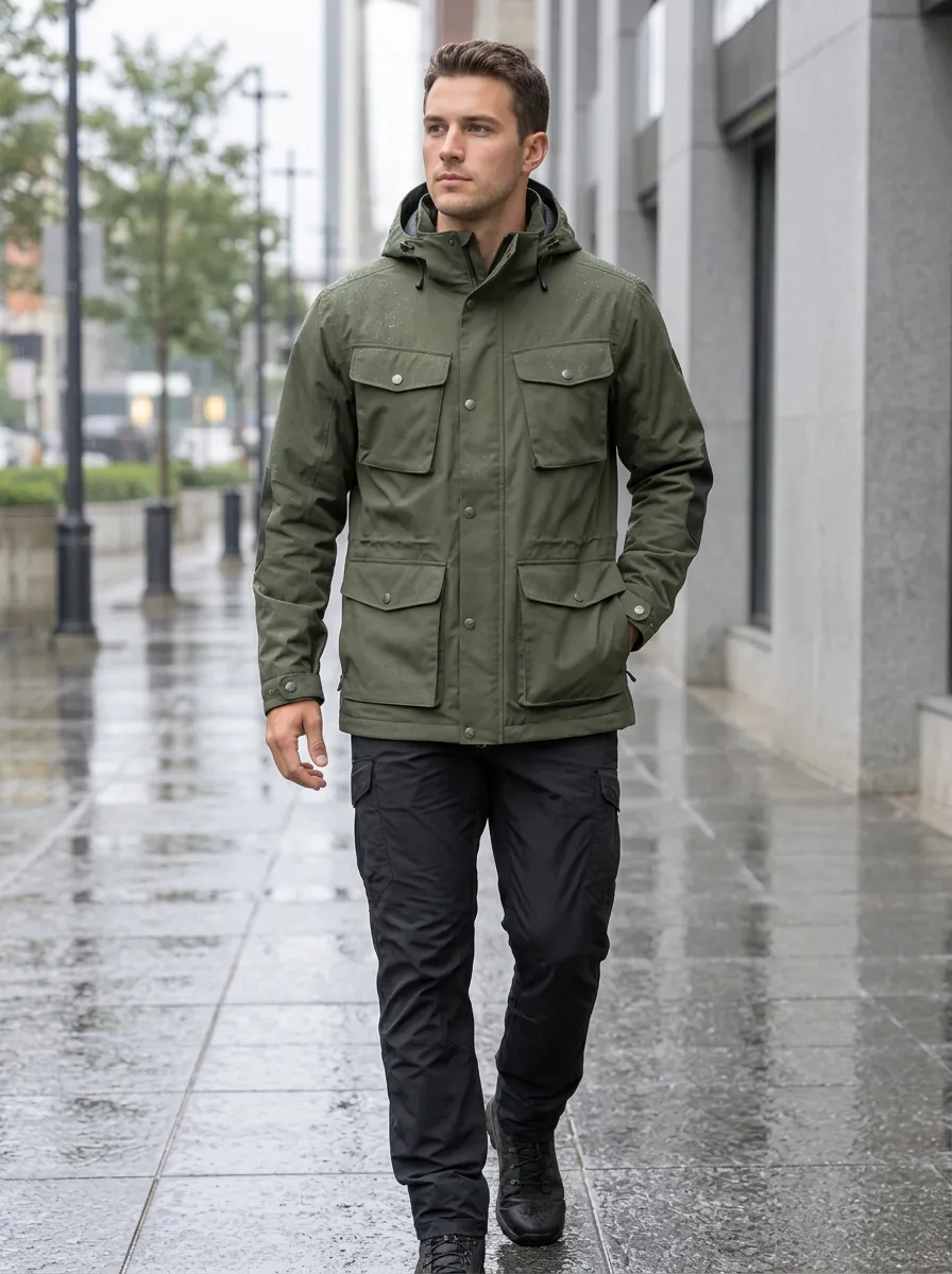 Men's Olive Green Hooded Waterproof Jacket with a Hood