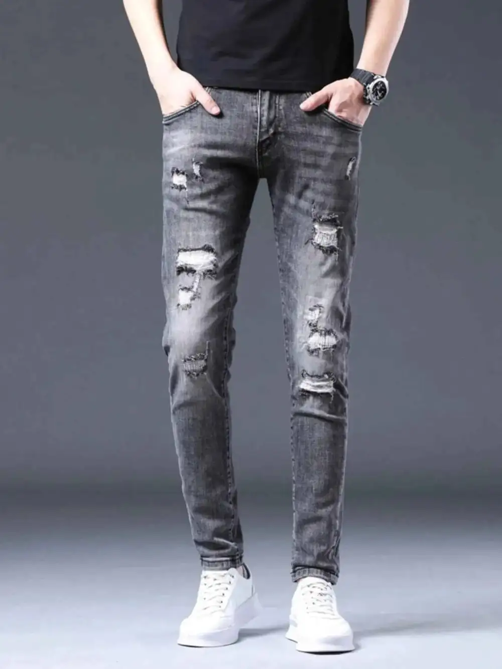Distressed Slim Fit Ripped Jeans