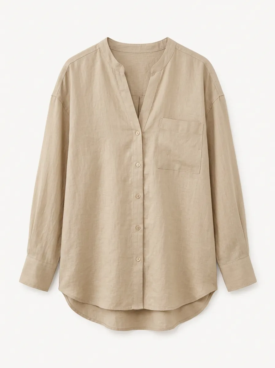 Women's Casual Beige Linen Blend V-Neck Button Down Shirt
