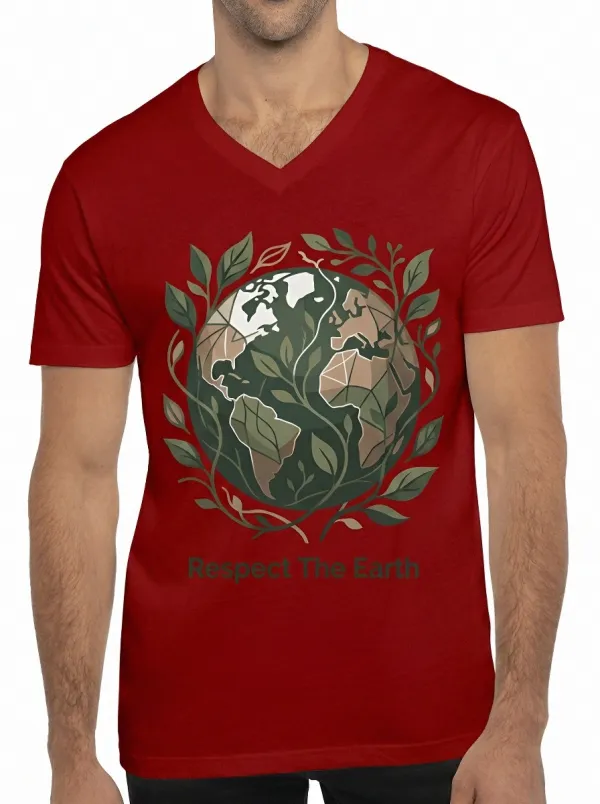 Men's Eco-Friendly Earth Lover Botanical Globe Printed V-Neck T-Shirt