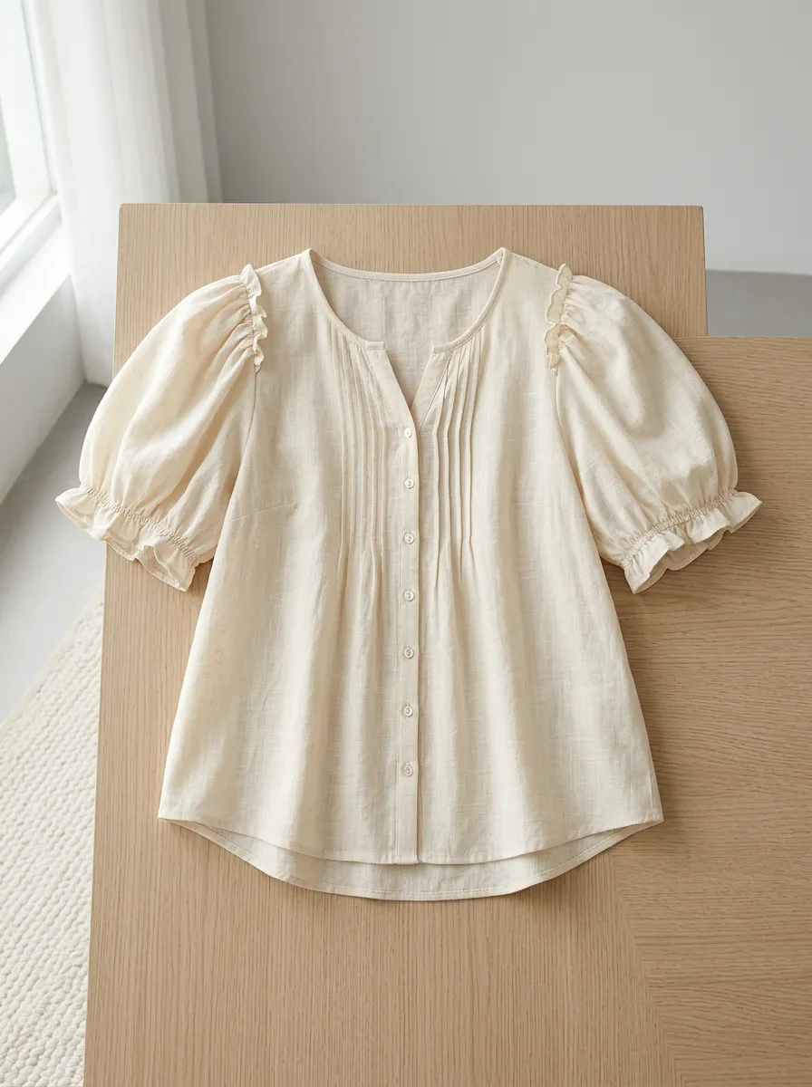 Embroidered Eyelet V-Neck Women's Puff-Sleeve Blouse