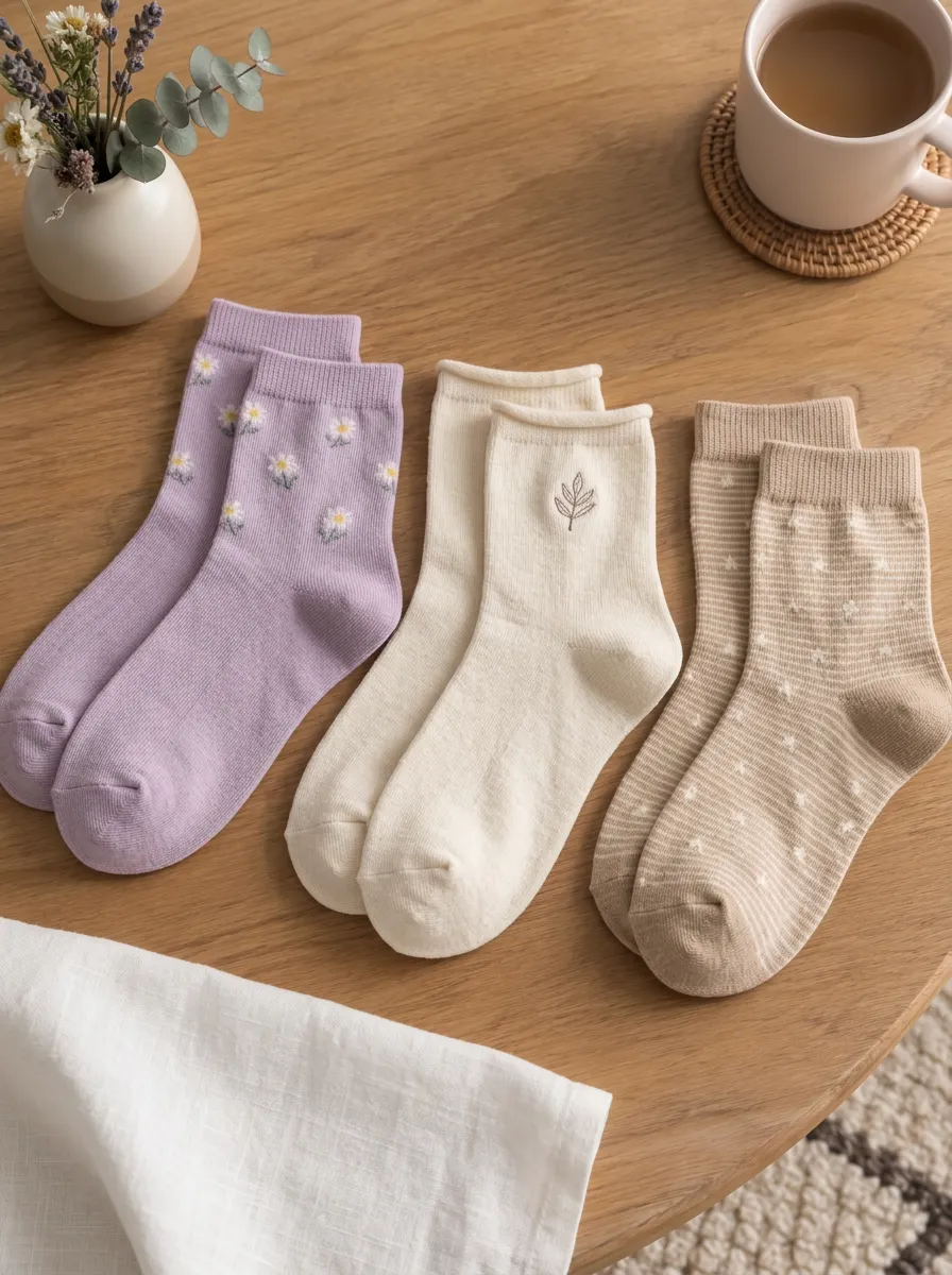 Women's Assorted Daisy Floral Leaf Ribbed Striped Embroidered Printed 3-Pack Crew Sock Set