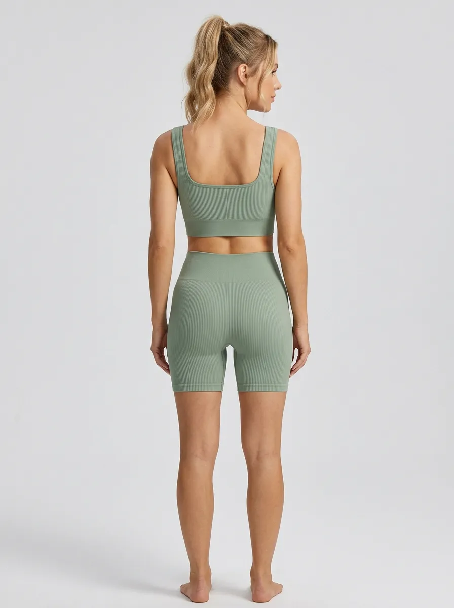 Dynamic Ribbed Texture Seamless Design Utility Look Women's Tank Top And Sports Shorts Set