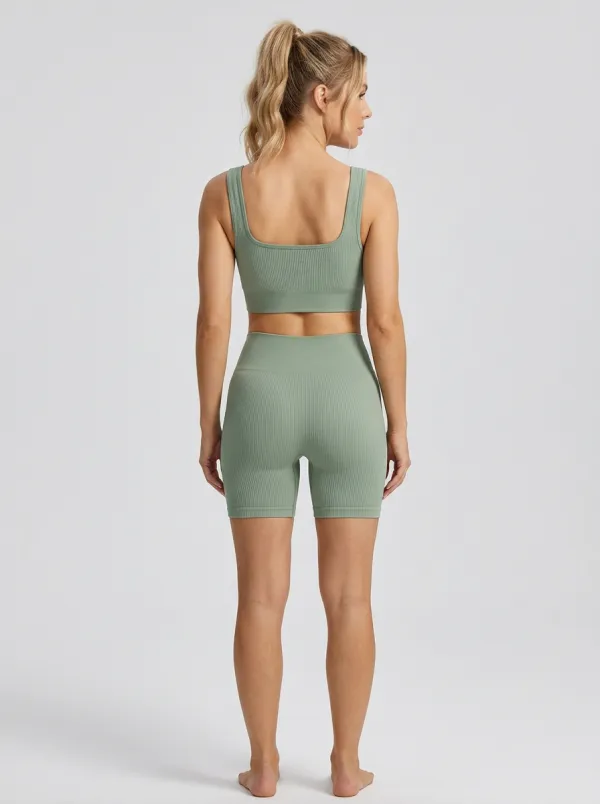 Dynamic Ribbed Texture Seamless Design Utility Look Women's Tank Top And Sports Shorts Set