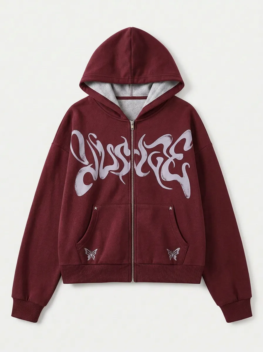 Unisex Streetwear Y2K Gothic Letter Butterfly Printed Zip-up Hoodie