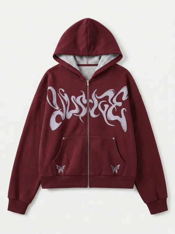 Unisex Streetwear Y2K Gothic Letter Butterfly Printed Zip-up Hoodie